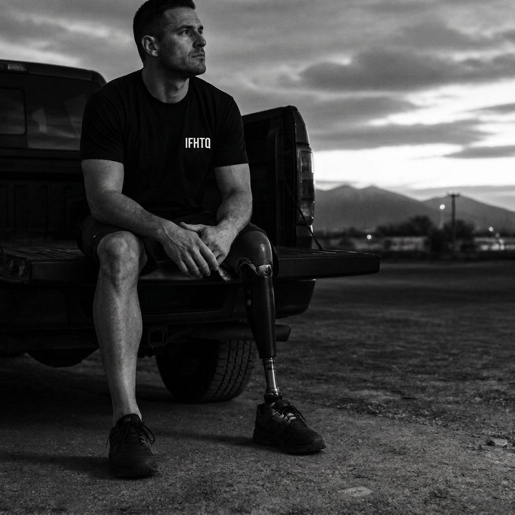 A veteran amputee in an IFHTQ basic tee sitting on a truck tailgate at dusk