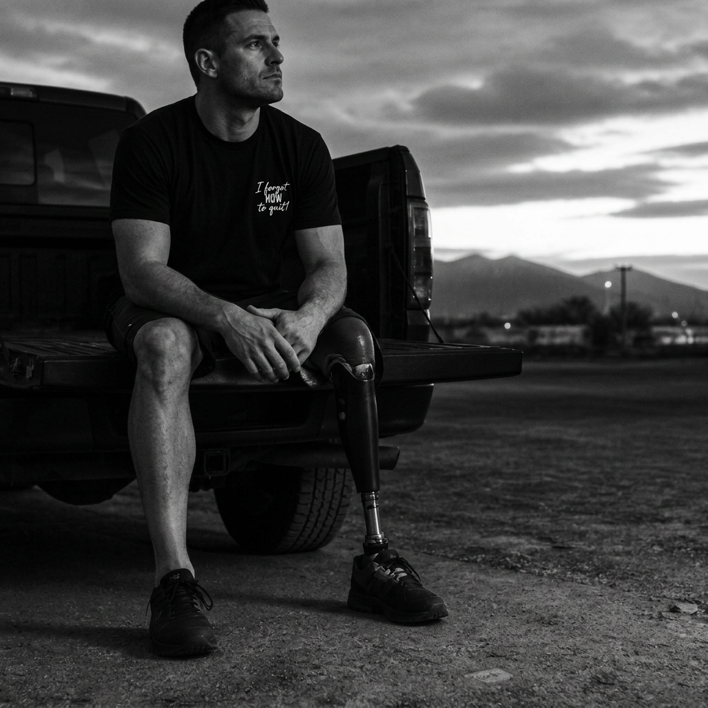 A veteran amputee in an I Forgot How To Quit tee sitting on a truck tailgate at dusk